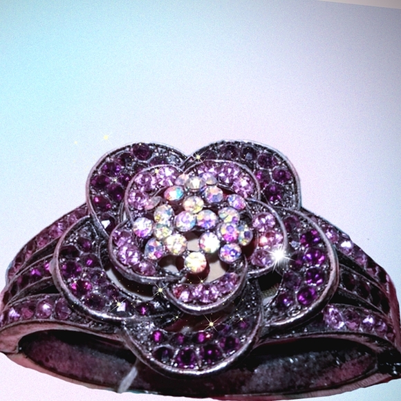 Purple Diamante Crystal Flower Cuff Bangle - Picture 9 of 13